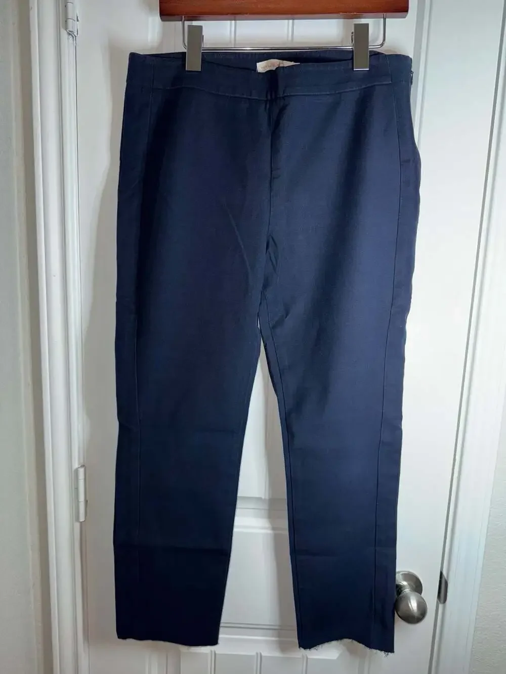 Tory Burch Side Zip Slim Straight‎ Leg Navy Pants with Raw Hem